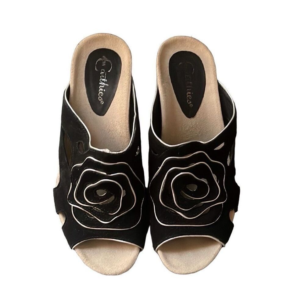 Earthies Womens Tropez Open Toe Suede Flower Chunky Wood Heel Sandals Black Sz 7